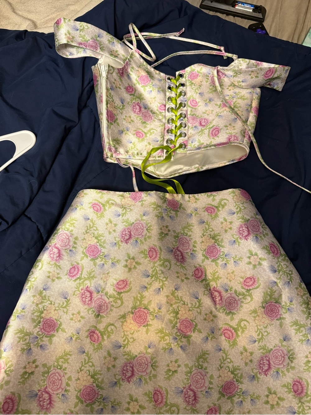 Dolls Kill Pink and Cream Floral A-Line Mini Skirt - Picture 2 of 4